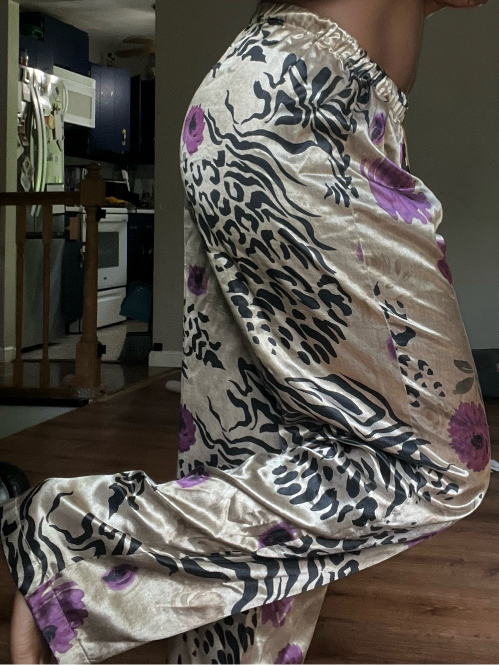 Gilligan & O'Malley Y2K Satin Pajamas in Cream, Black & Purple Floral Print